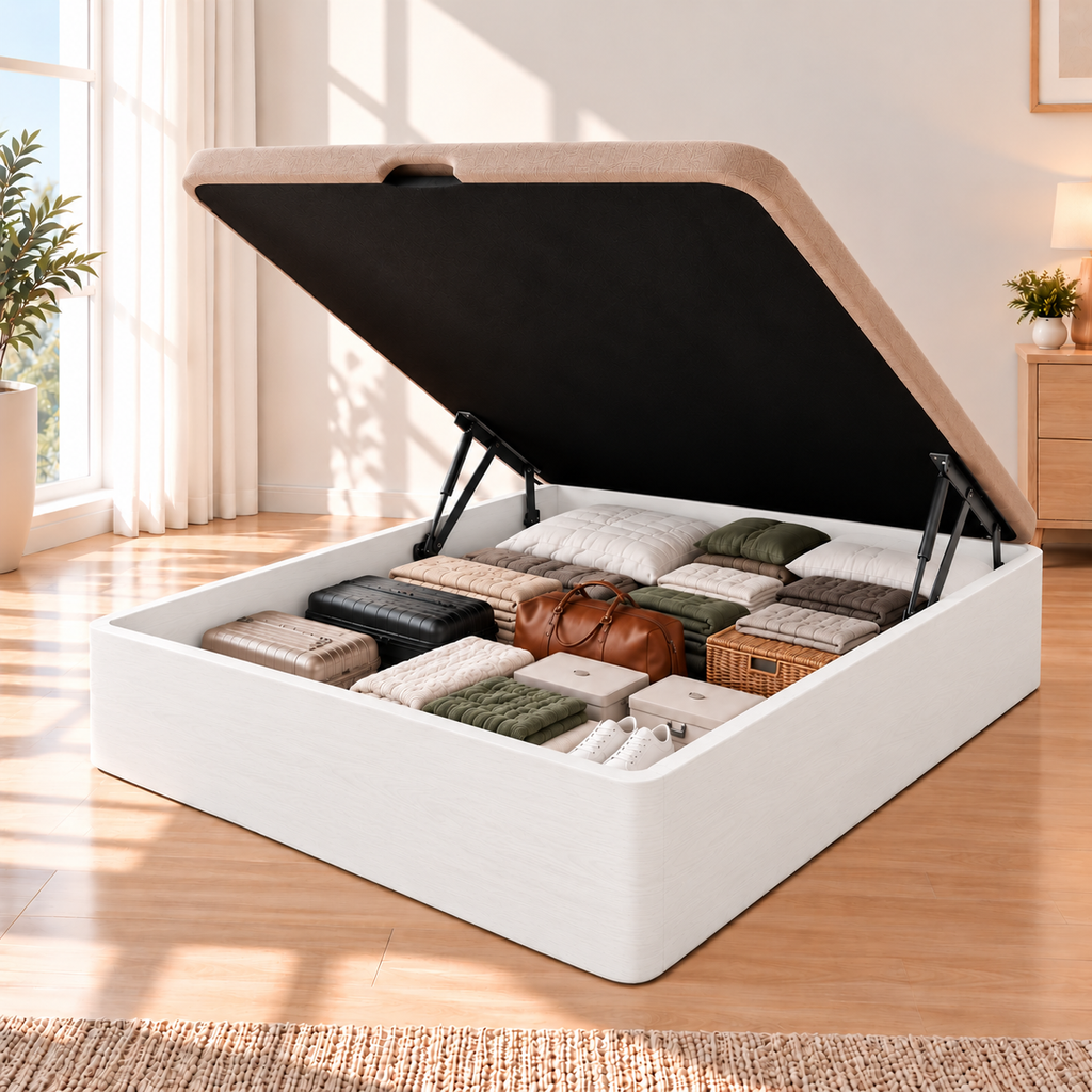 Canapé Abatible Reforzado en color blanco con tapa beige abierta